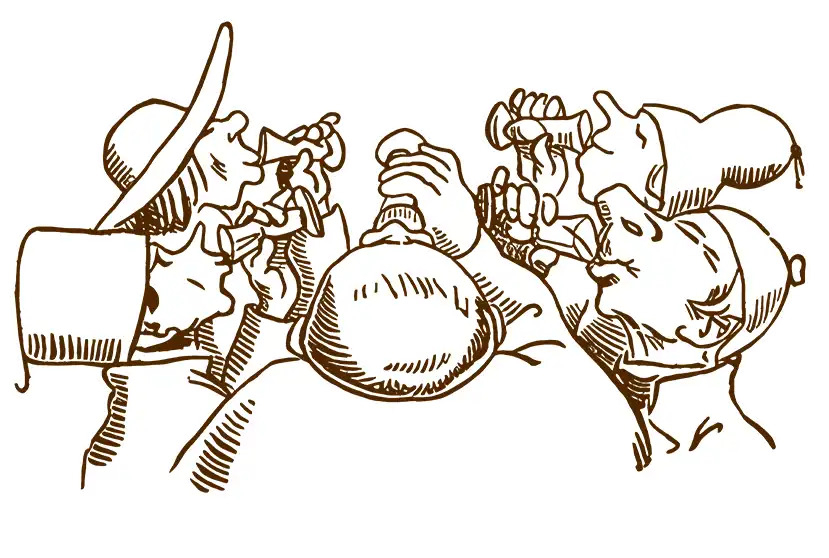 Alte Illustration mit Familien im Restaurant und der Bestellung beim Kellner